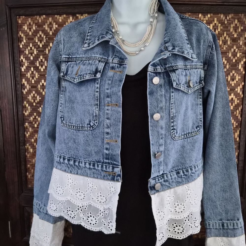 Denim Jacket with Lace Trim